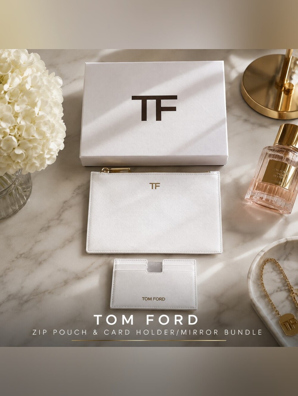 Tom Ford White Zip Pouch And Card Holder/Mirror GWP BUNDLE